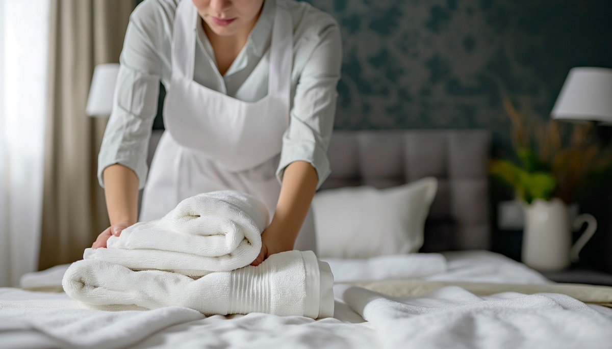 Jovem camareira colocando toalhas limpas na cama do quarto de hotel Jovem camareira colocando toalhas limpas na cama do quarto de hotel